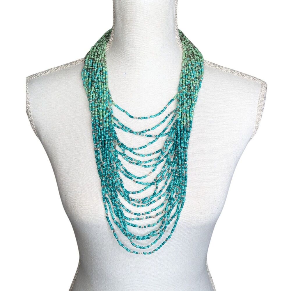 Turquoise String Bead Multi Strand Waterfall Necklace 16" Boho Indie Southwest